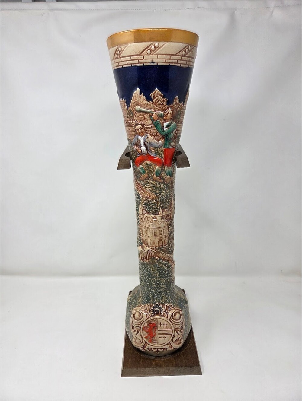 Gertz West Germany Relief Stein Vase Tall Ceramic Alpine Scene Blue Rim